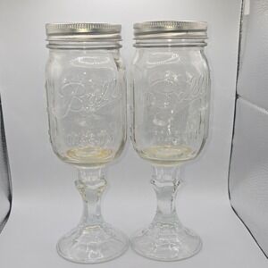 Ball Mason Drinking Jar Goblet Glasses Set of 2 with Silver Lids, Clear Round